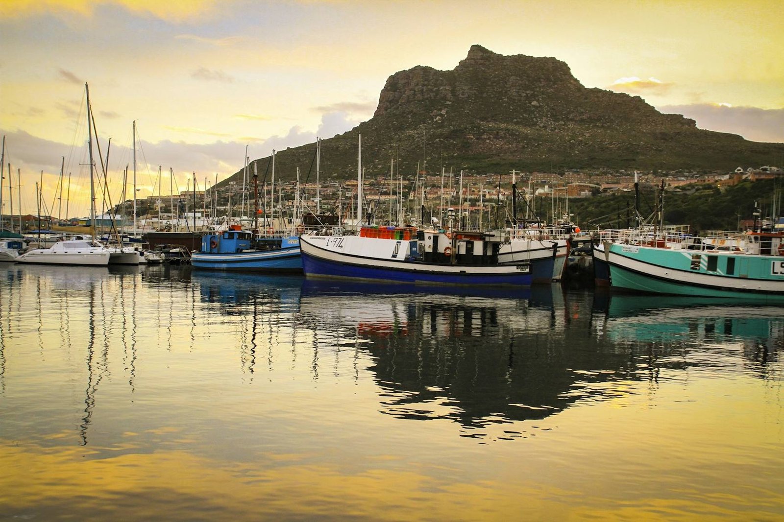 Boats in Hout Bay harbour below the Sentinel
