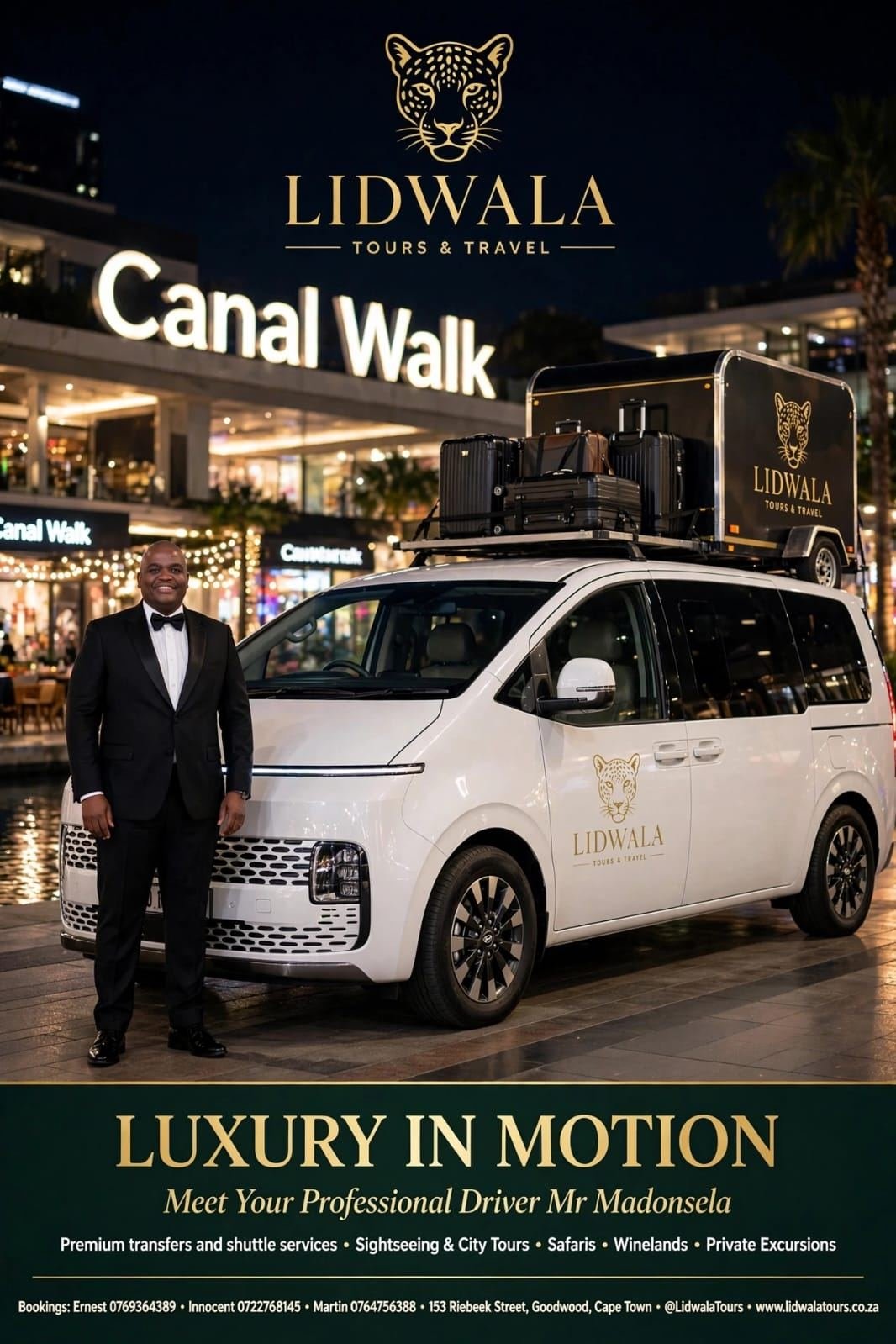 Lidwala tour guide Mr Madonsela in a tuxedo beside the Lidwala Staria and luggage trailer at Canal Walk