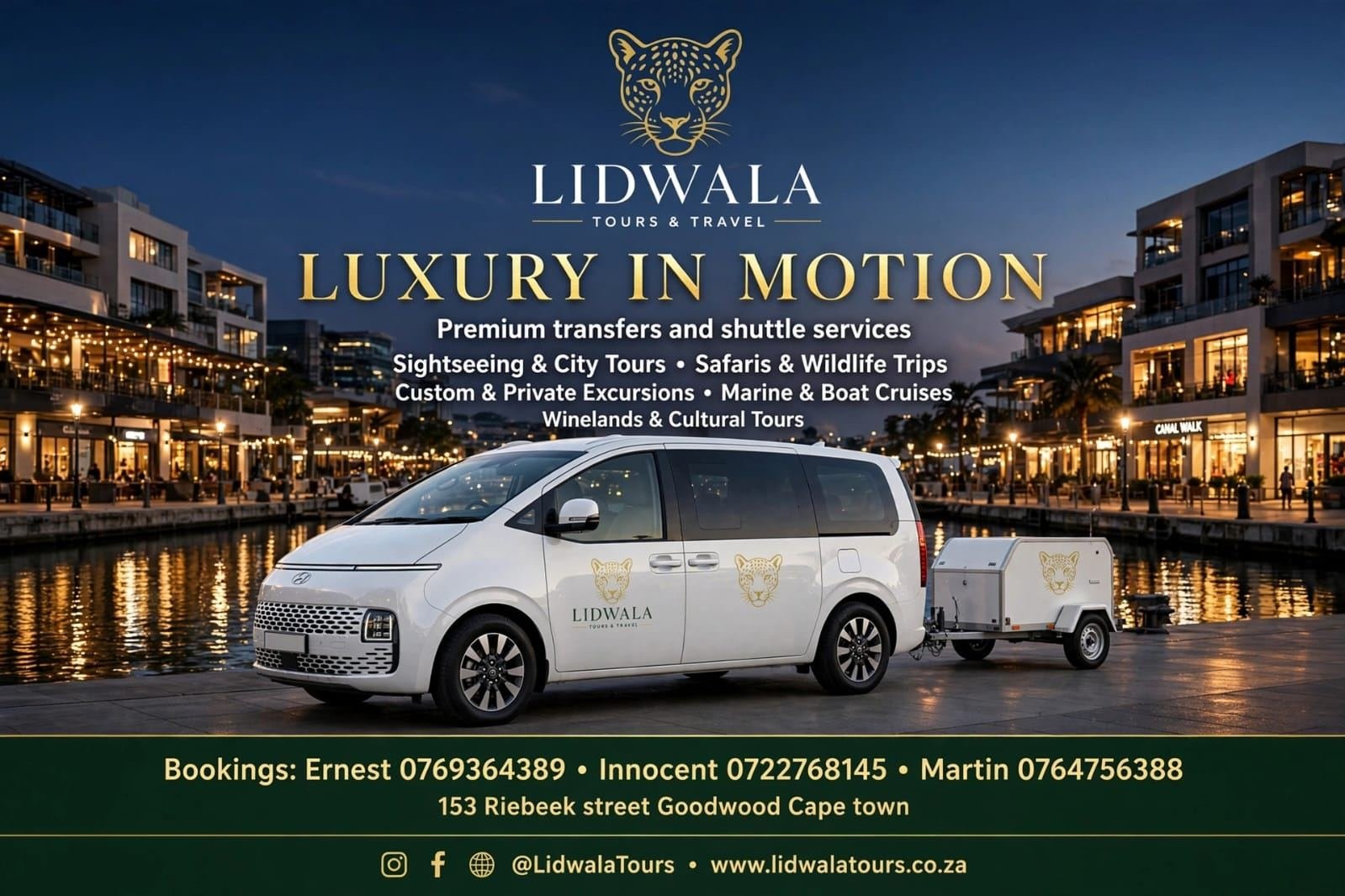 Lidwala Hyundai Staria with branded luggage trailer at the waterfront at night