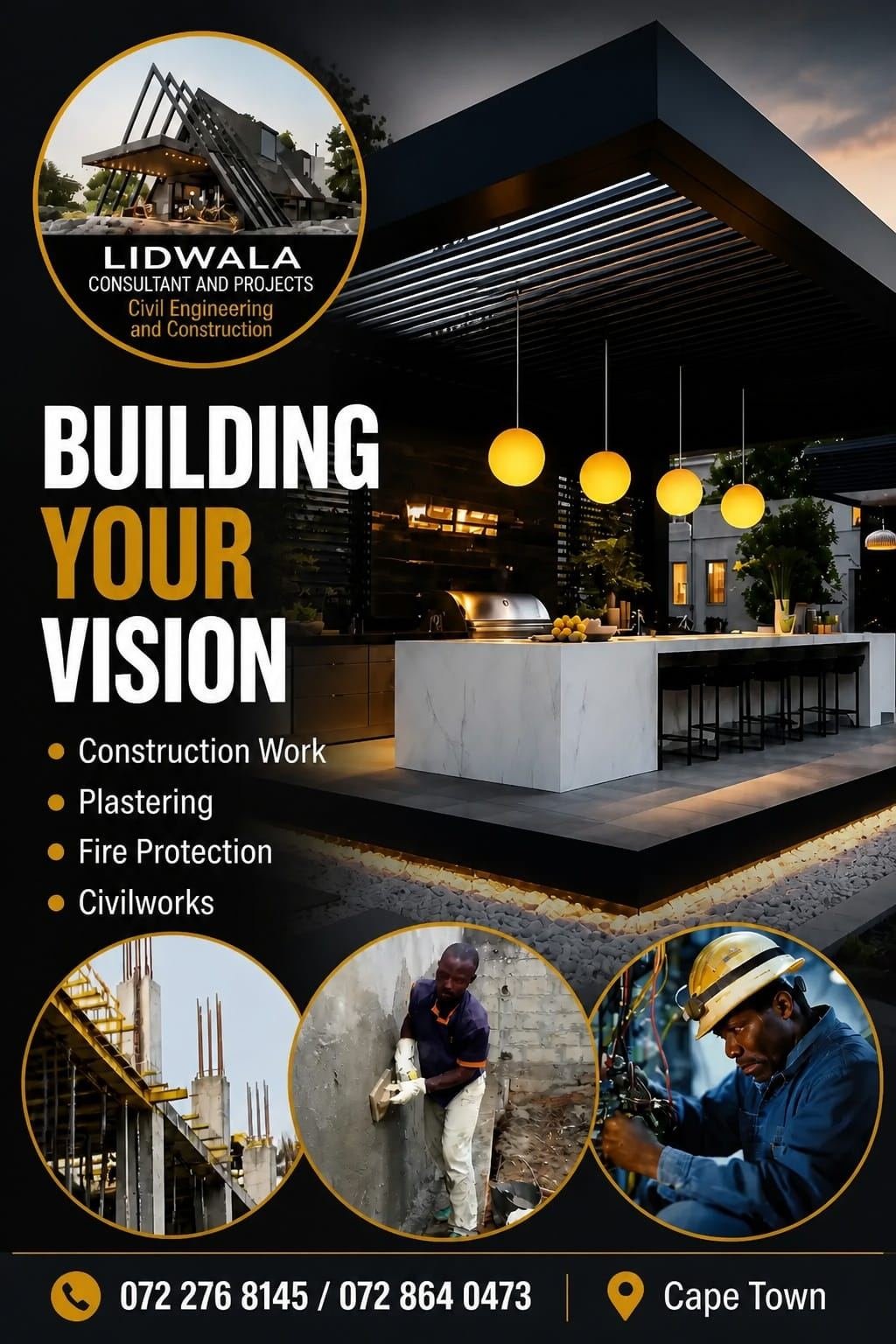 Lidwala Consultant and Projects poster: construction work, plastering, fire protection and civil works in Cape Town
