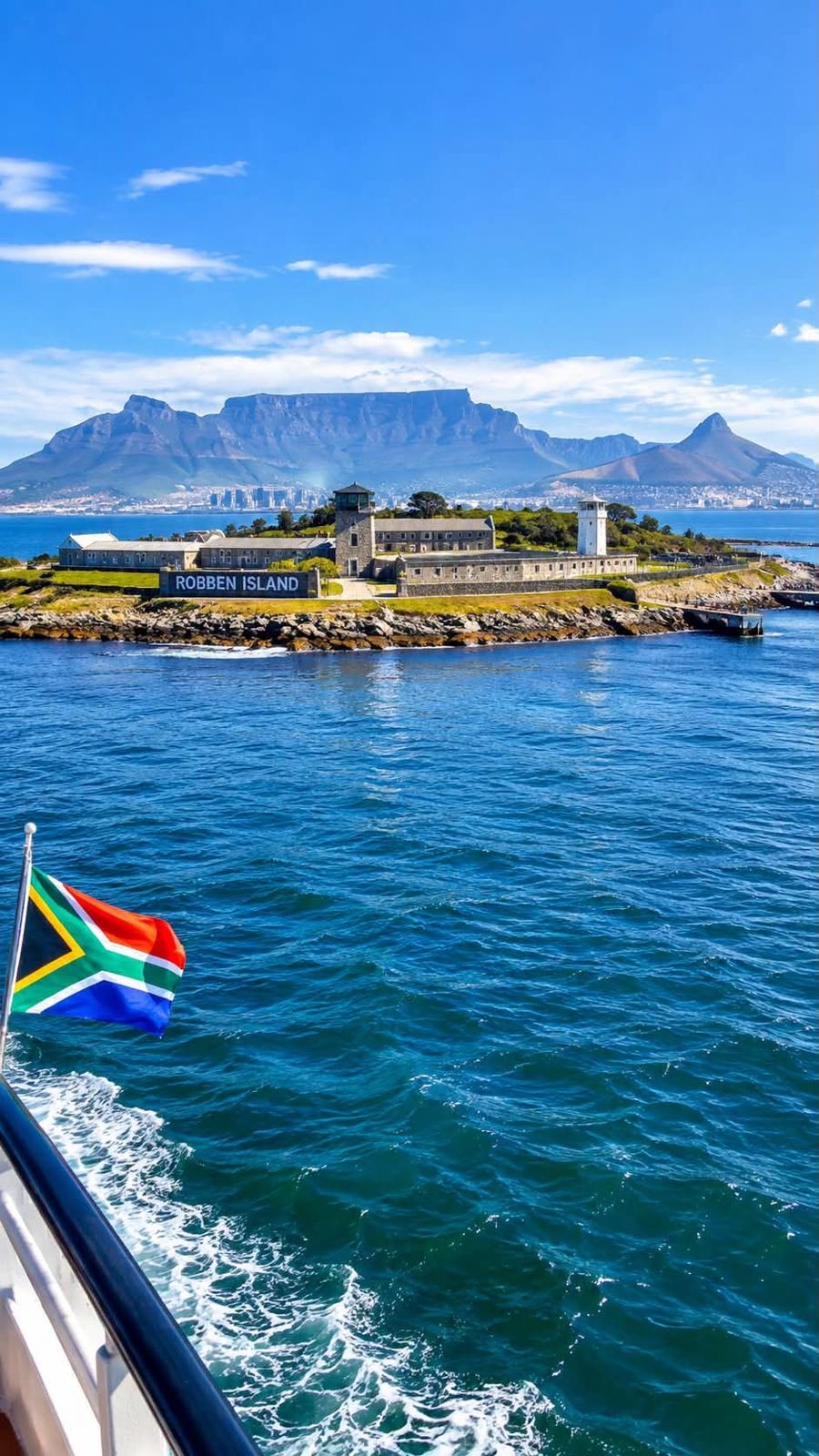 South African flag on the ferry with Table Mountain across Table Bay